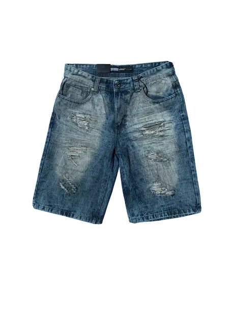 Medium Stonewashed Relaxed Fit Distressed Denim Shorts
